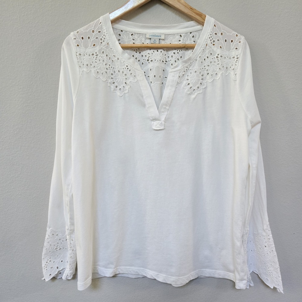 Sundance Eyelet Lace Top Women Medium White Long Sleeve Split V-Neck Boho Blouse